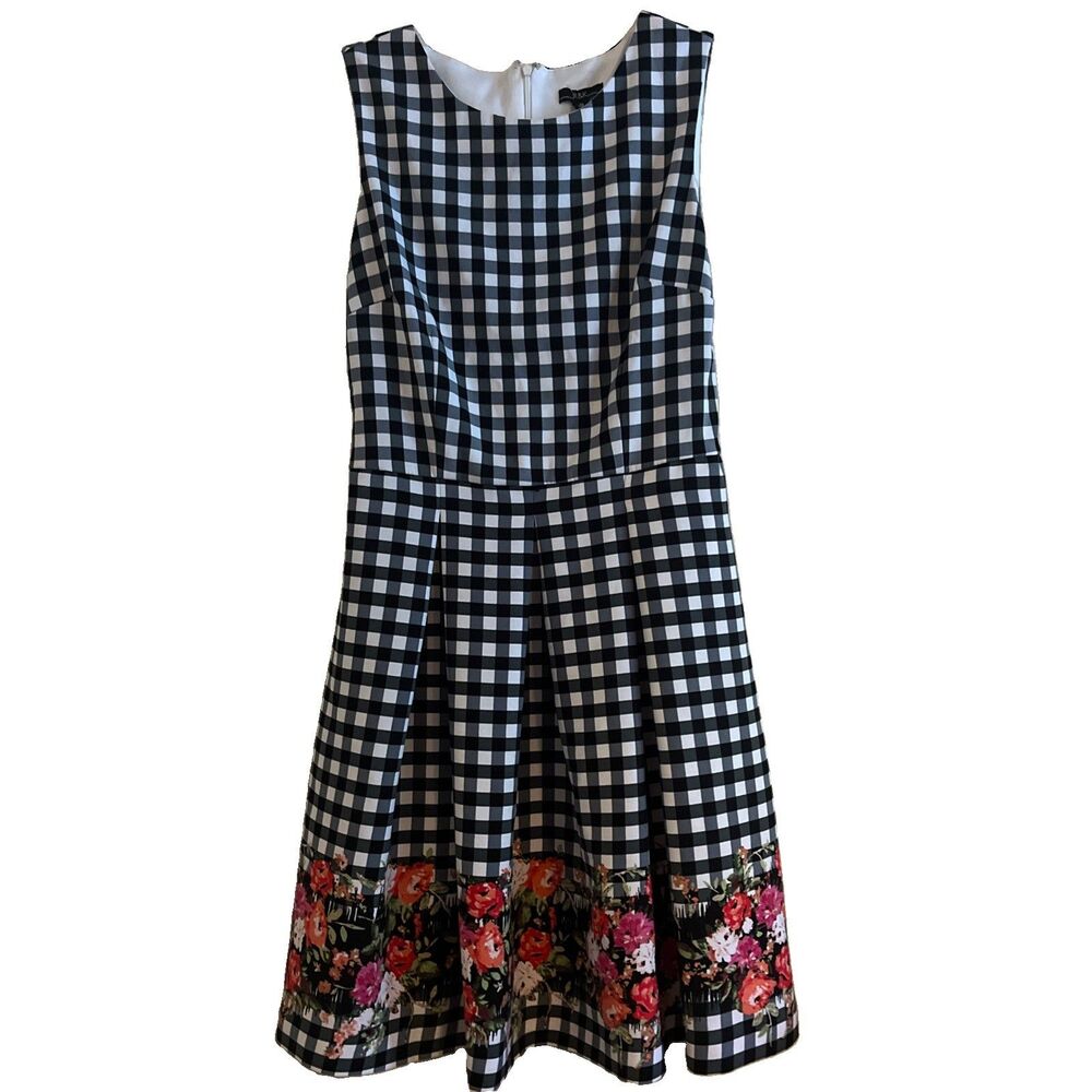 R&B Gingham Dress Womens 12 Black White Floral Fit Flare Sleeveless Pockets